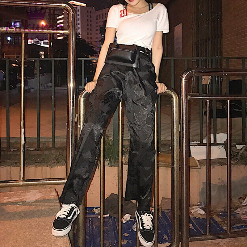 Dragon Embroidery Satin Wide Leg Pants