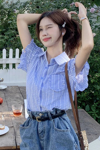 Short Sleeve Plaid Pattern Ruffled Blouse Shirt