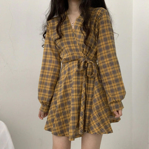 Long Sleeve Cute Bow Plaid Midi Elegant Dress