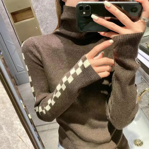 Long Sleeve Side Checkered Knitted Turtleneck Sweater