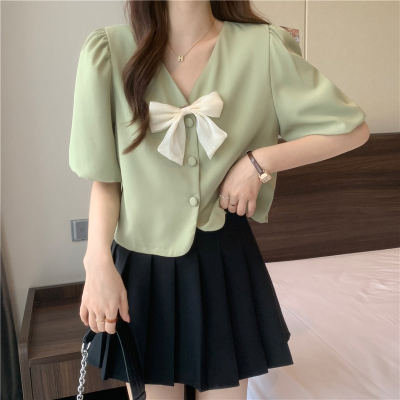 V-Neck Sweet Bow Kawaii Shirt