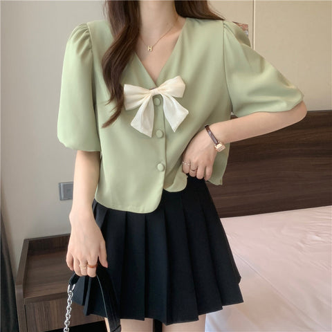 V-Neck Sweet Bow Kawaii Shirt