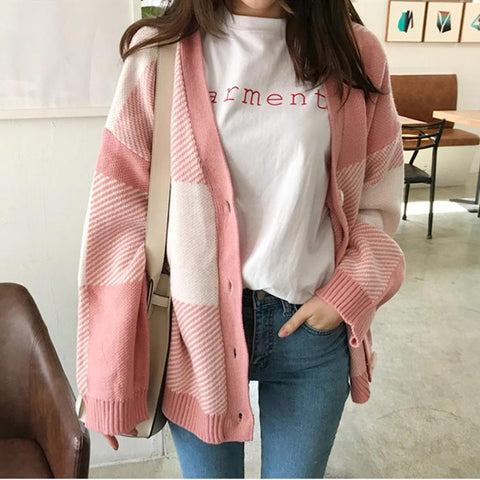 Pink Casual Plaid V-Neck Cardigan