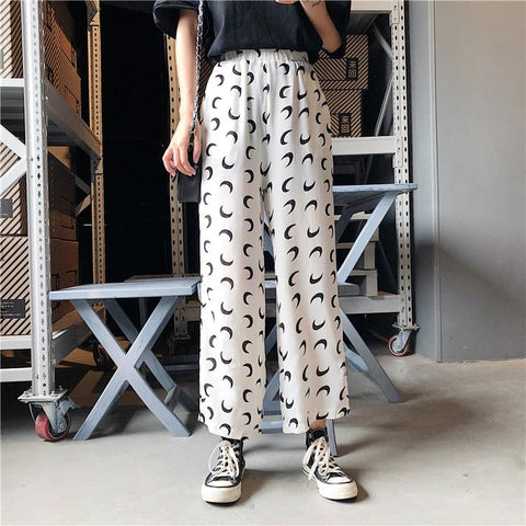 High Waist Moon Printed Wide Leg Pants