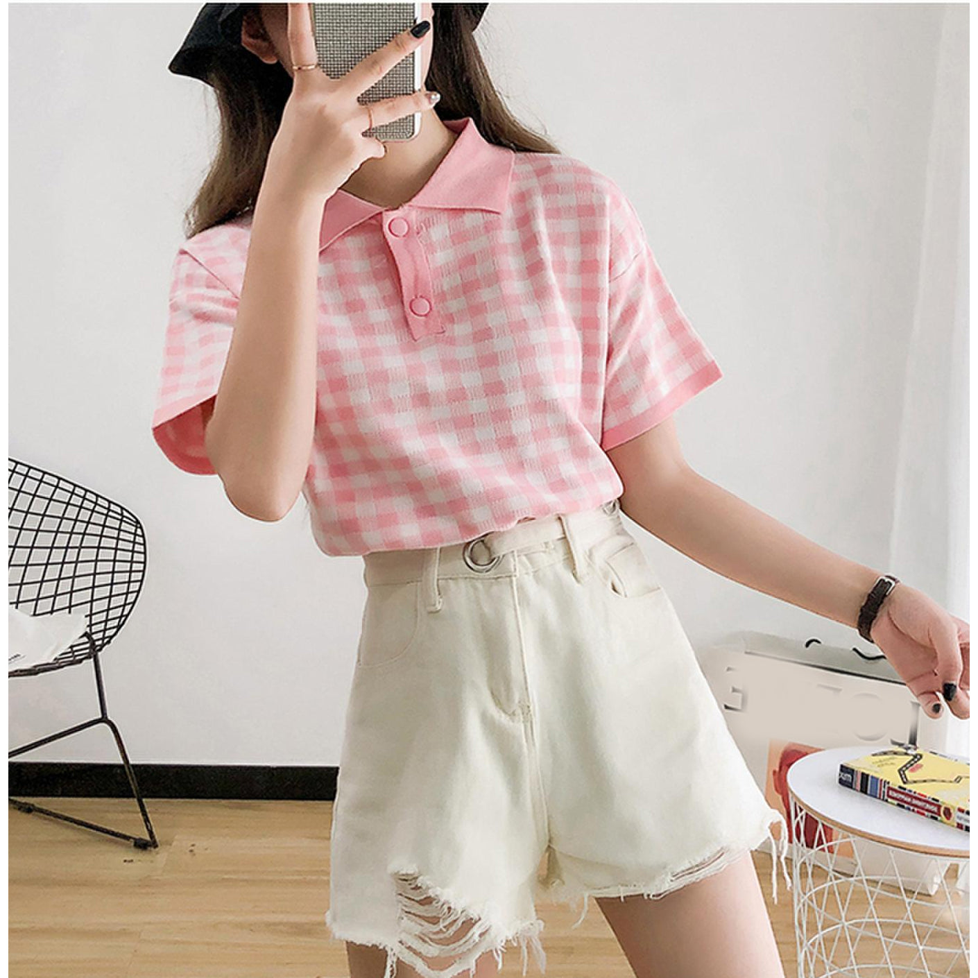 Turn Down Collar Plaid Knitted Shirt