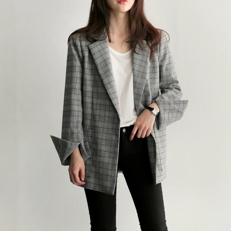 Grey Plaid Bow Sashes Split Blazer Coat