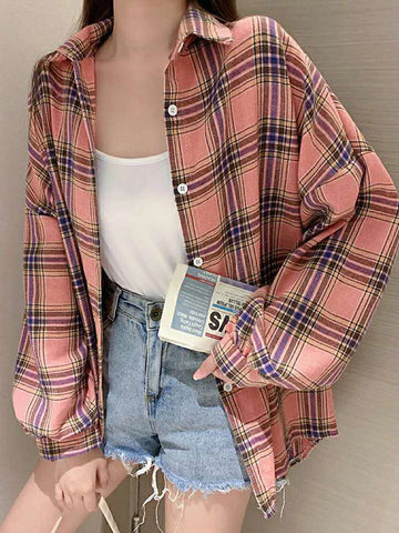 Loose Cute Pastel Colors Plaid Shirt