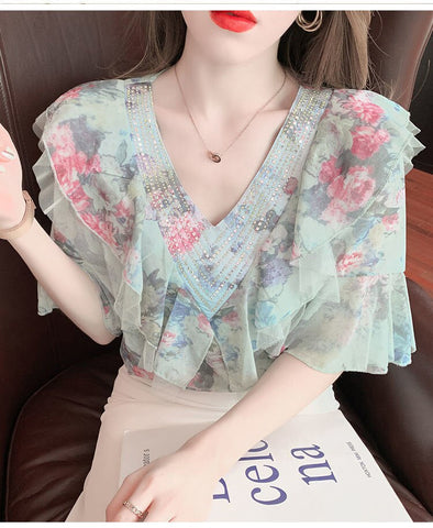 Retro Chiffonbluse mit V-Ausschnitt und Blumenmuster 