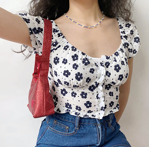 Black Daisy Flower Slash Crop Top Slim Shirt