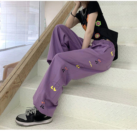 Cartoon Side Printed Wide Leg Purple Pants