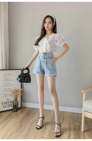 Pearl Belt Wide Leg Denim Shorts Jeans