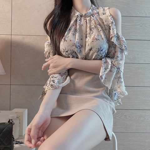 Florals Off Shoulder Loose Chiffon Blouse Shirt