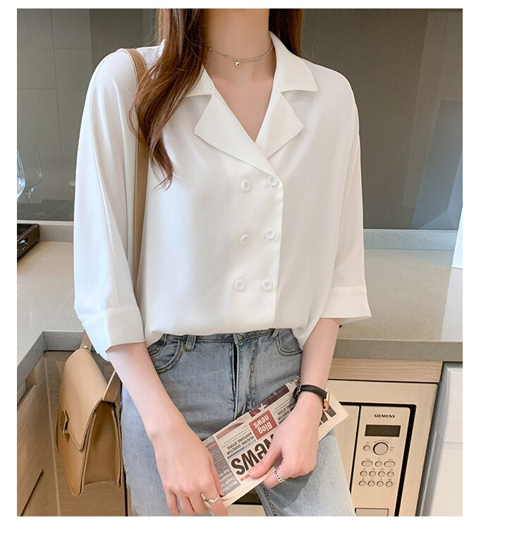 Half Sleeve Notched Collar Office Blouse Shirt