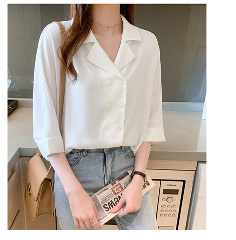 Half Sleeve Notched Collar Office Blouse Shirt