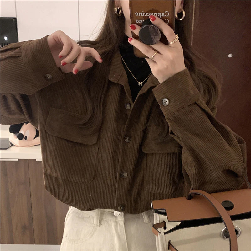 Loose Turn Down Collar Warm Corduroy Outwear