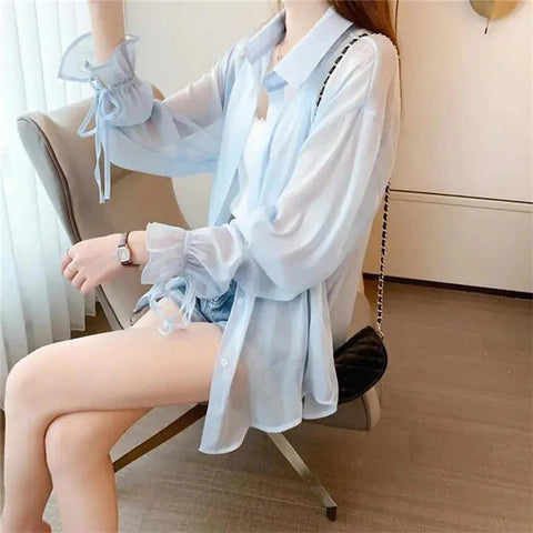 Loose Sweet Chiffon Thin Transparent Blouse Shirt