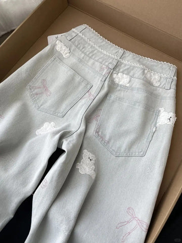 High Waist Bear Embroidered Lace Jeans Pants