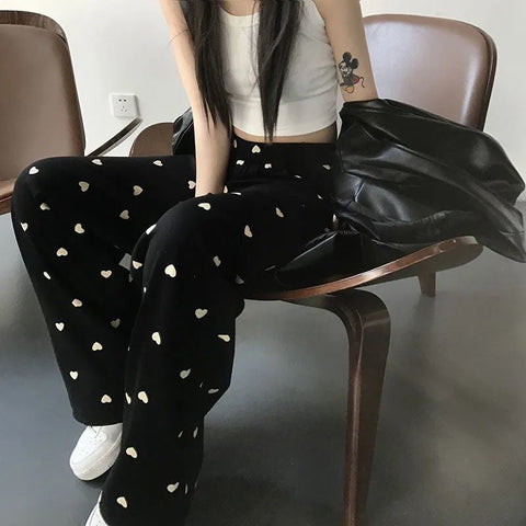 High Waist Heart Full Printed Wide Leg Loose Pants