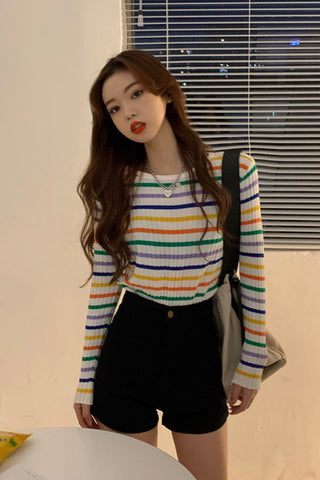 Long Sleeve Color Striped Thin Sweater