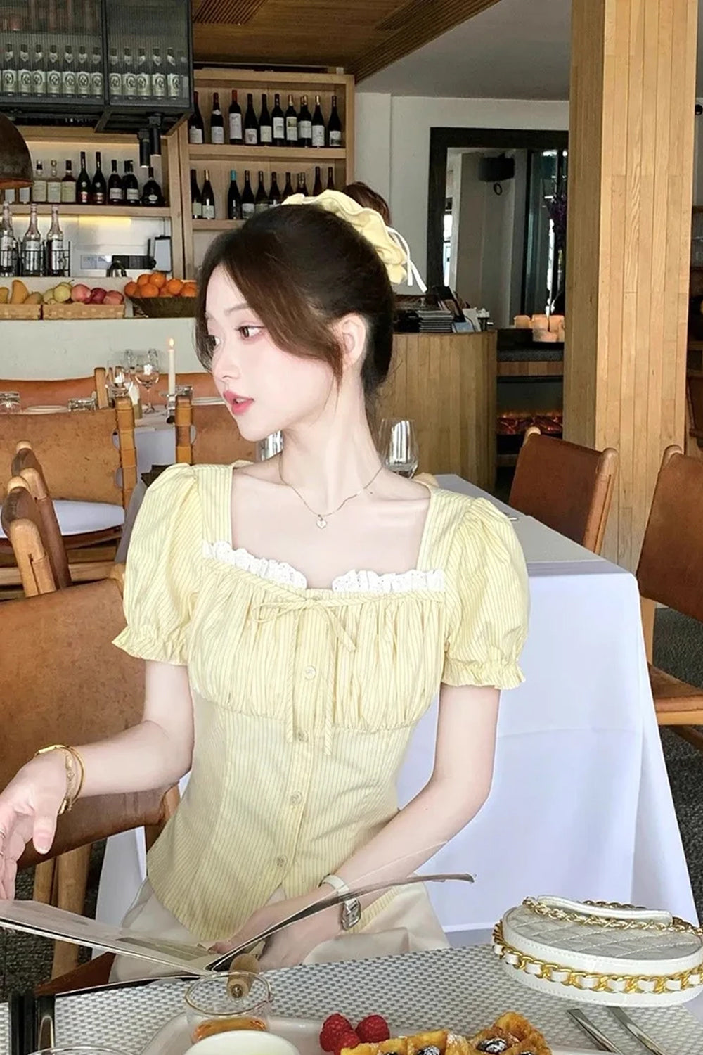 Vintage Square Collar Yellow Striped Blouse Shirts