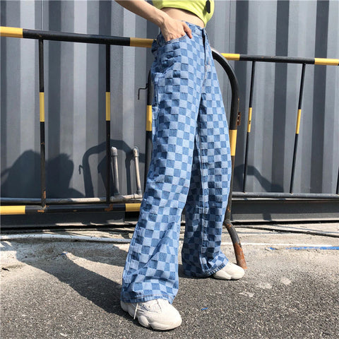 High Waist Vintage Wide Leg Plaid Pants