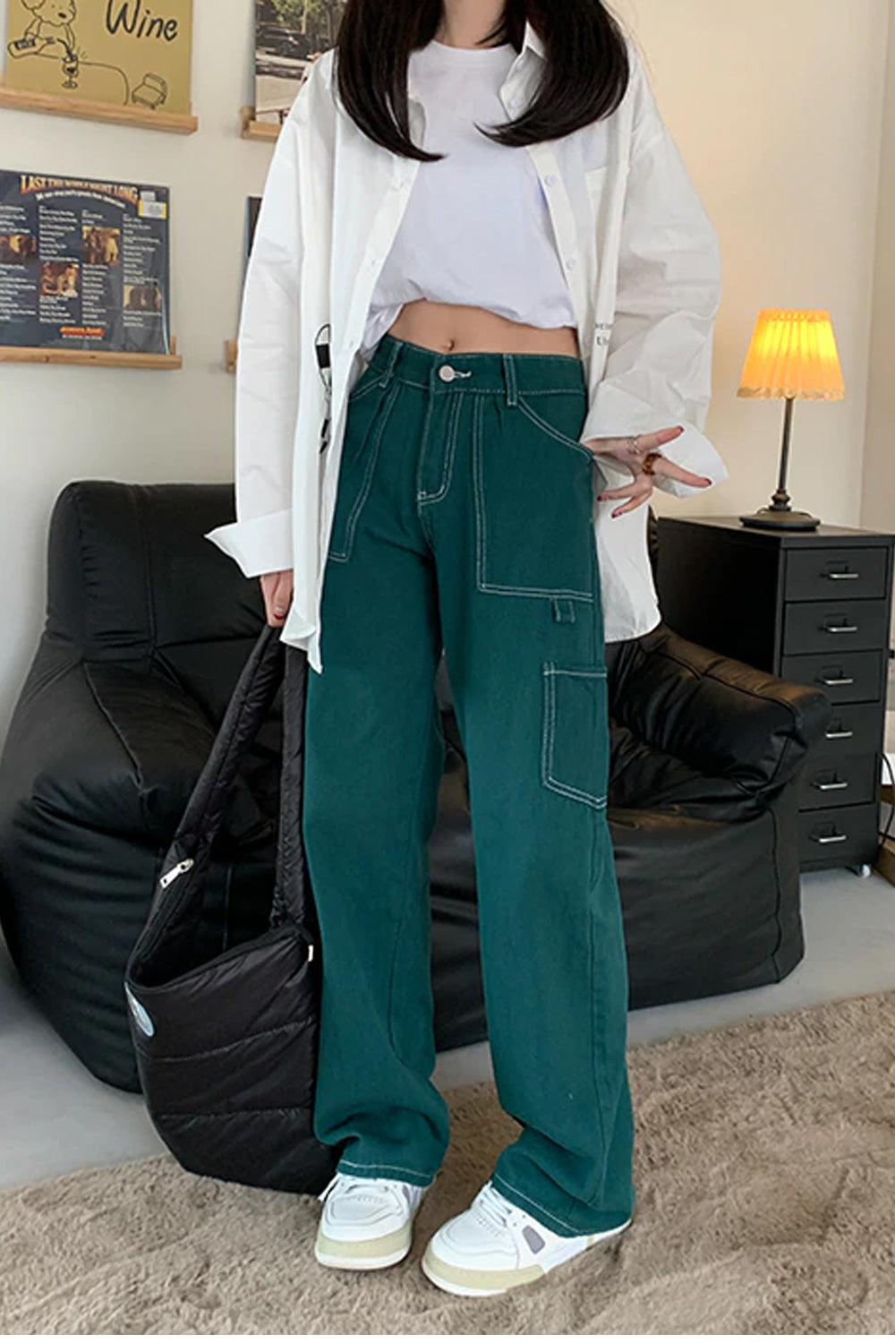 High Waist Loose Wide Leg Green Retro Jeans Pants