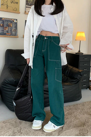 High Waist Loose Wide Leg Green Retro Jeans Pants