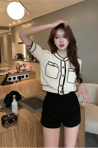 Short Sleeve Panelled Line Cropped Slim Shirt
