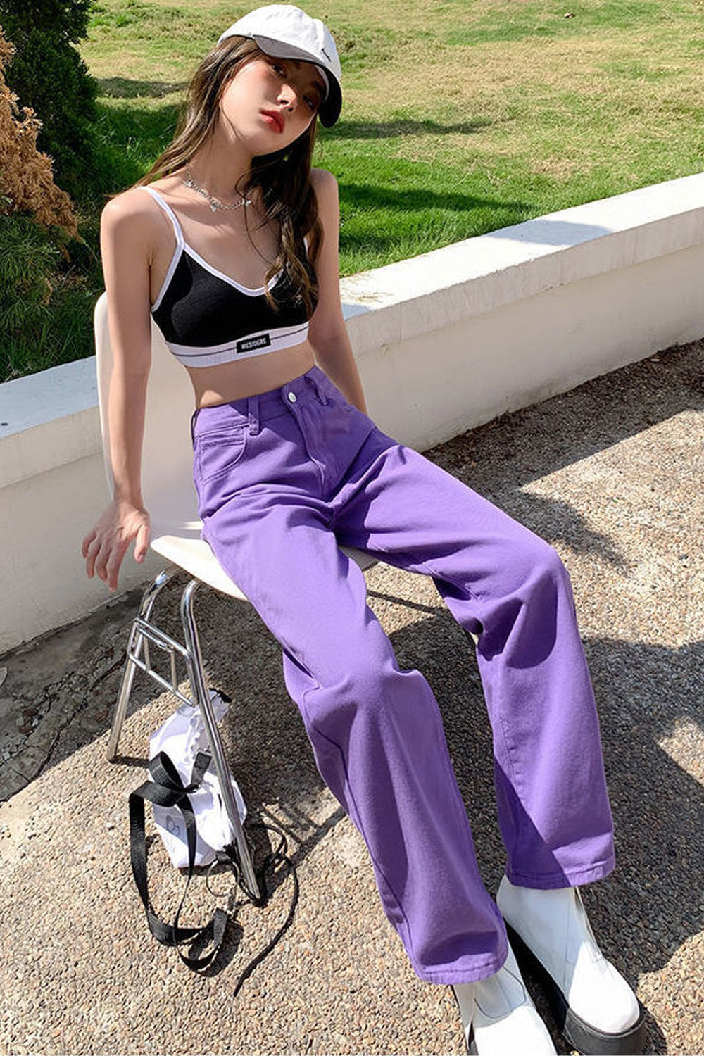 High Waist Loose Casual Purple Jeans Pants