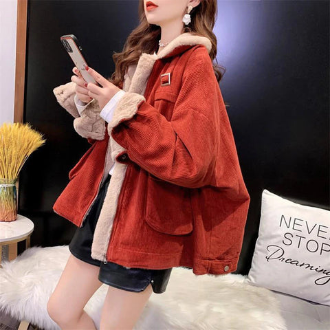 Loose Wool Thicken Zipper Corduroy Jacket