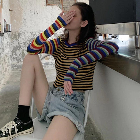 Striped Knitted Slim Crop Tops Long Sleeve Shirt