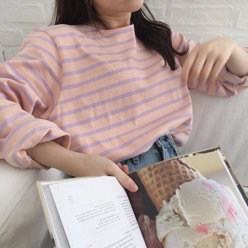 O-Neck Long Sleeve Basic Striped Shirt