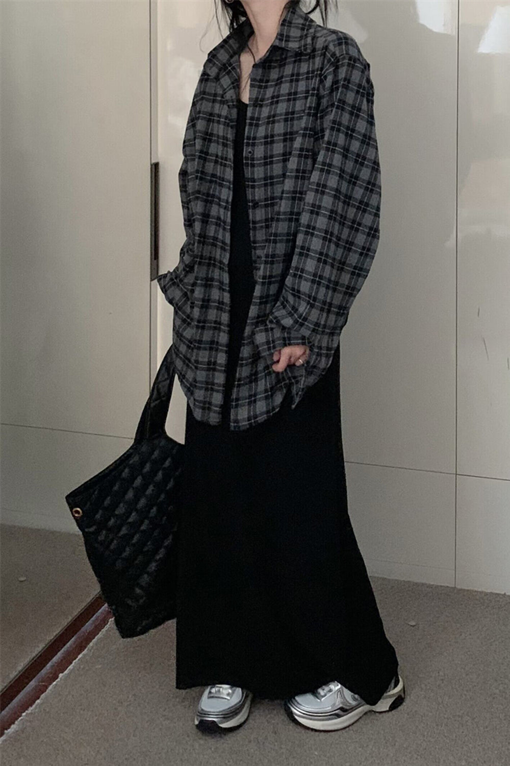 Long Sleeve Grey Plaid Pattern Blouse Shirts