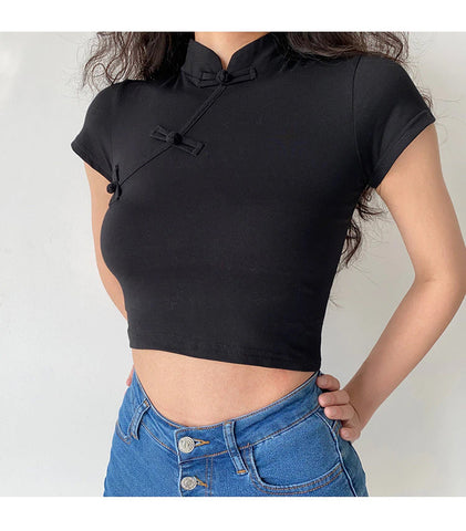 Sexy Stand Collar Cropped Slim Shirt