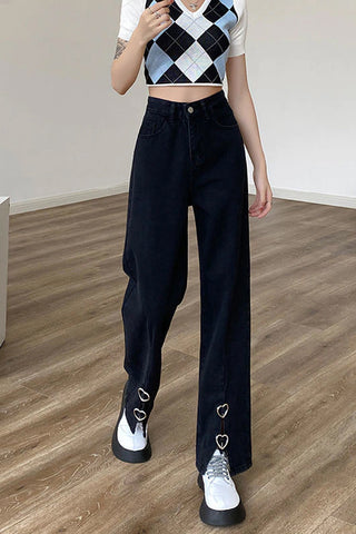 High Waist Heart Logo Black Jeans Pants