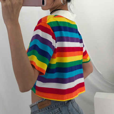 Short Sleeve Rainbow Striped Cropped Polo Collar Shirt