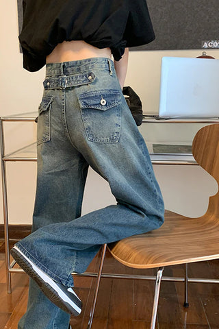 Lockere Jeanshose mit hoher Taille und weitem Bein, süße Gesäßtasche 