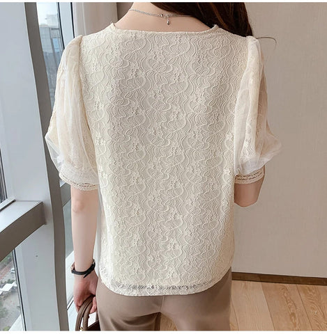 Short Sleeve V-Neck Lace Blouse Shirt