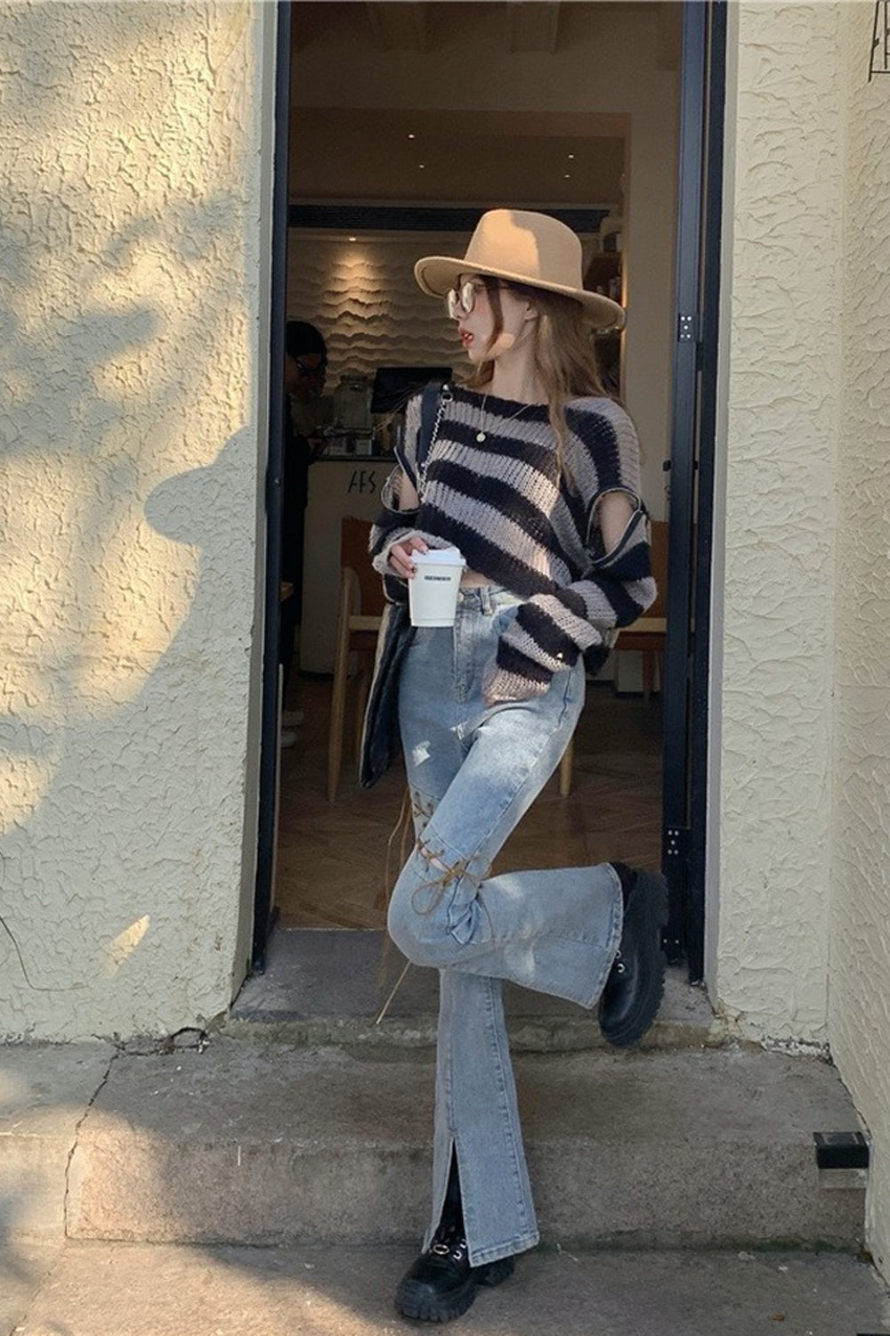 Split Leg Lace Up Tie Long Slim Jeans Pants
