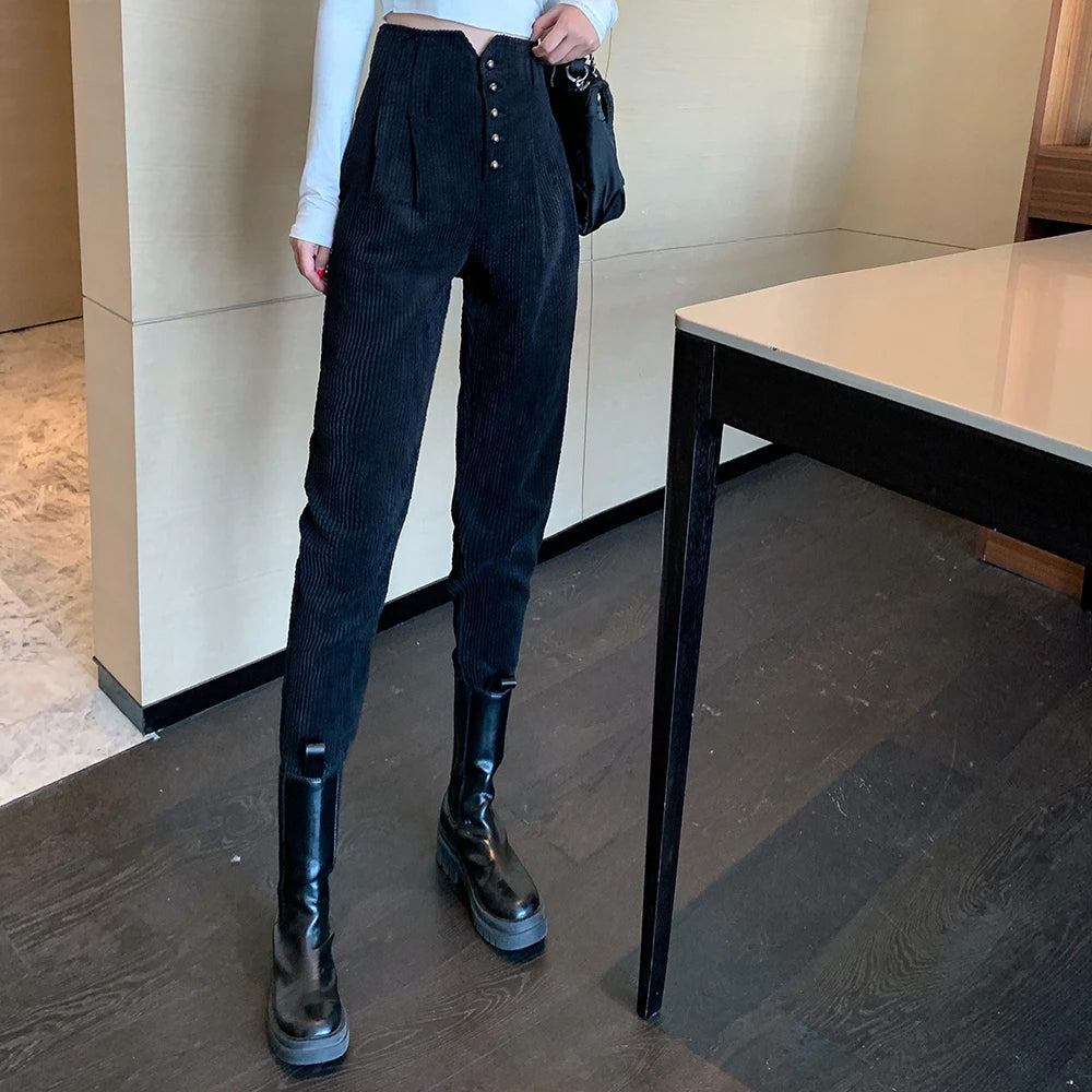High Waist Vintage Slim Long Corduroy Pants