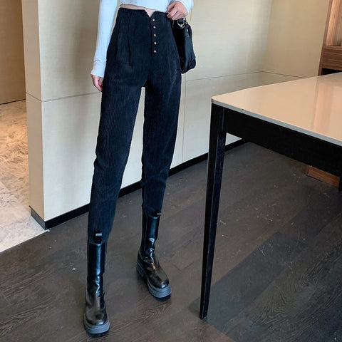 High Waist Vintage Slim Long Corduroy Pants