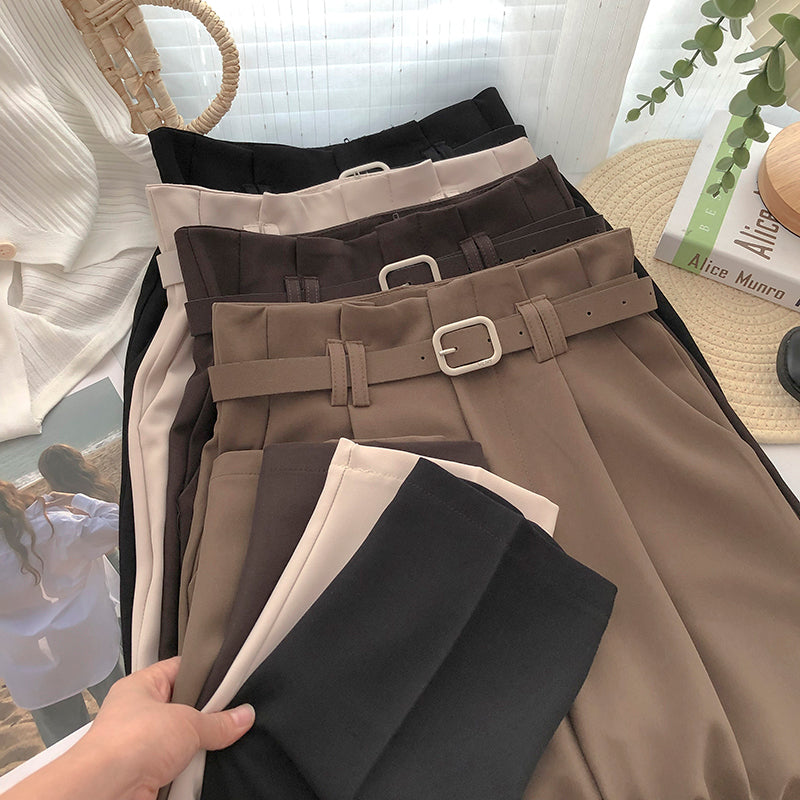 High Waist Belted Loose Office Long Pants