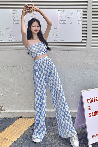 2 Piece Set Plaid Crop Top and Pants Suits