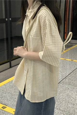 Short Sleeve Plaid Colors Blouse Shirt
