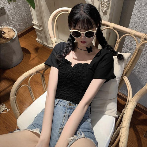 Sexy Folds Square Collar Black Cropped Slim Shirt
