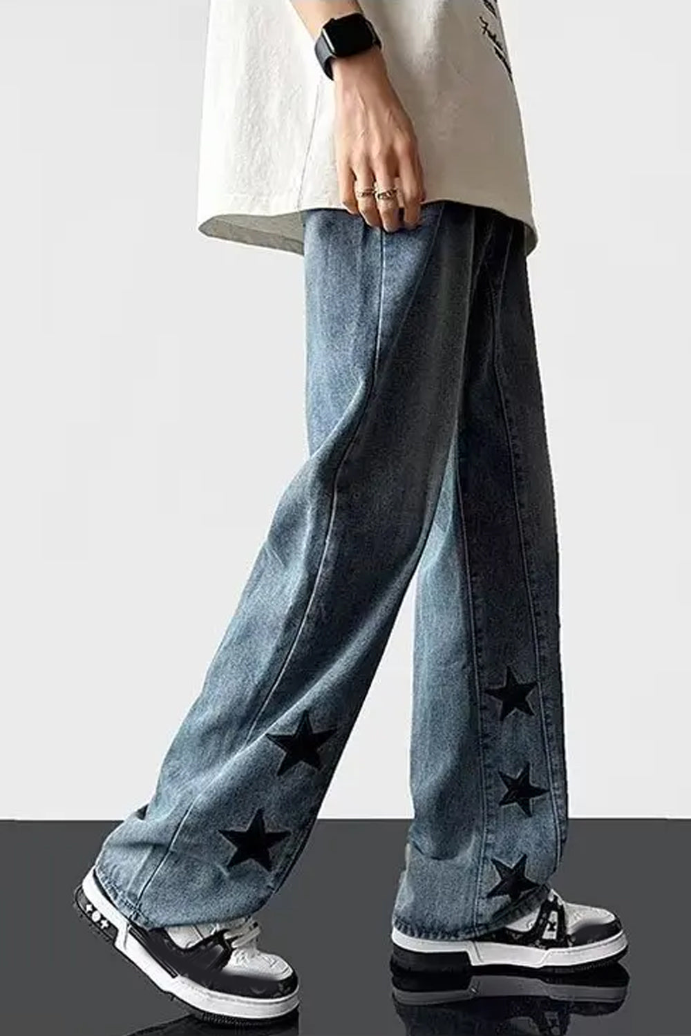 Loose Black Stars Printed Hip Hop Jeans Pants