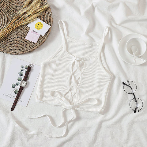 Solid Knitted Backless Tie Camis Crop Tops