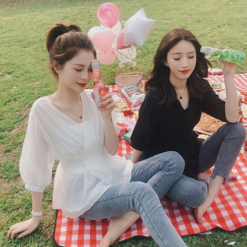 Casual V-Neck Solid Chiffon Blouse Shirt