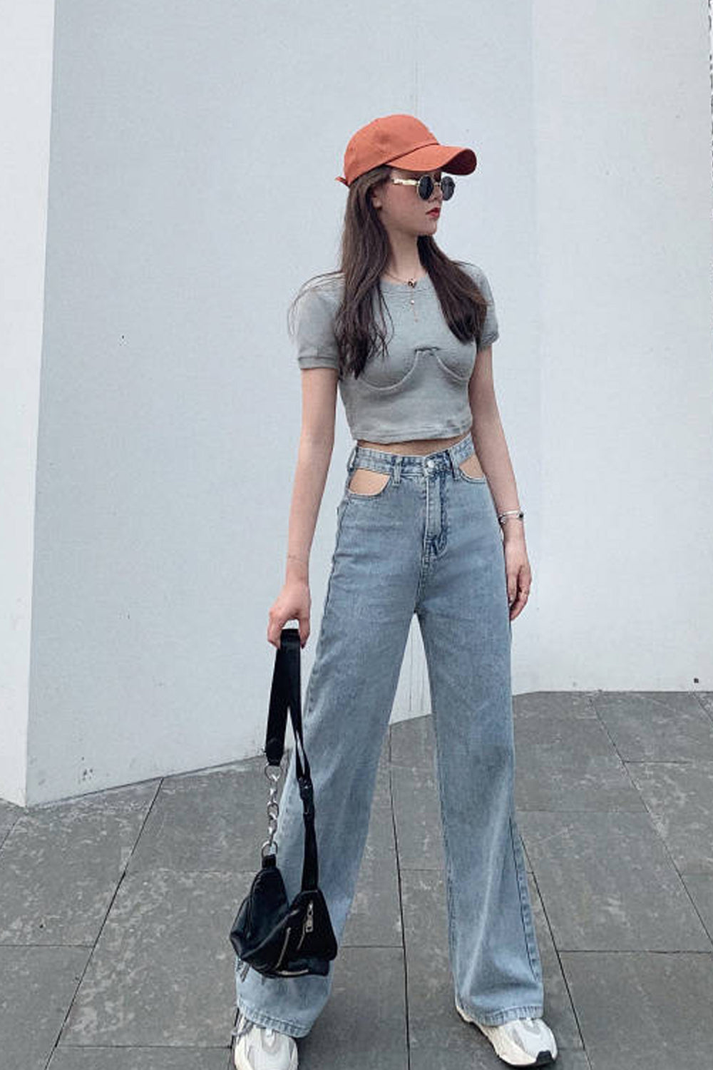 Casual High Waist Wide Leg Hole Jeans Pants