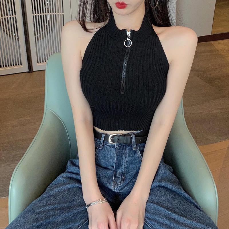 Sexy Sleeveless Knitted Zipper Crop Tops